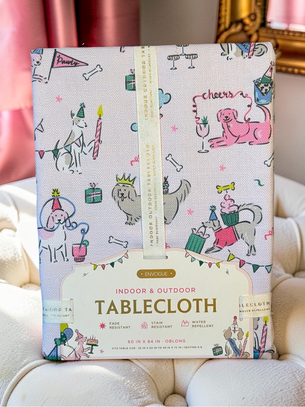 Envogue NWT Pink & White Dogs Birthday Party Indoor/Outdoor Tablecloth 60” x 84”